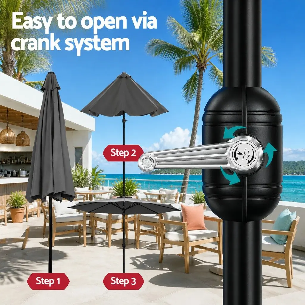 Outdoor Umbrella Steel 2.9m Octagonal Canopy with LED String Lights Tilt Charcoal