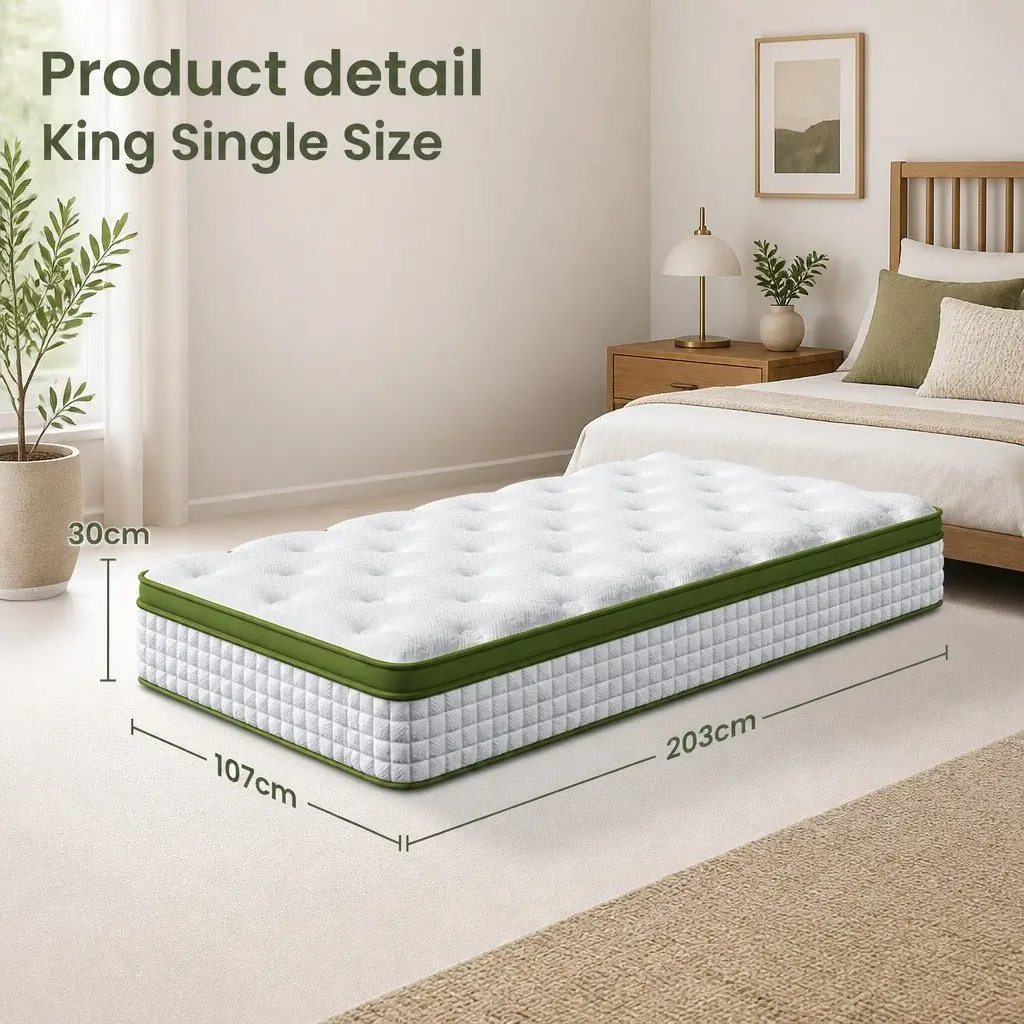 King Single Mattress Gel Memory Foam Pocket Coil 30cm Cooling Euro Top White