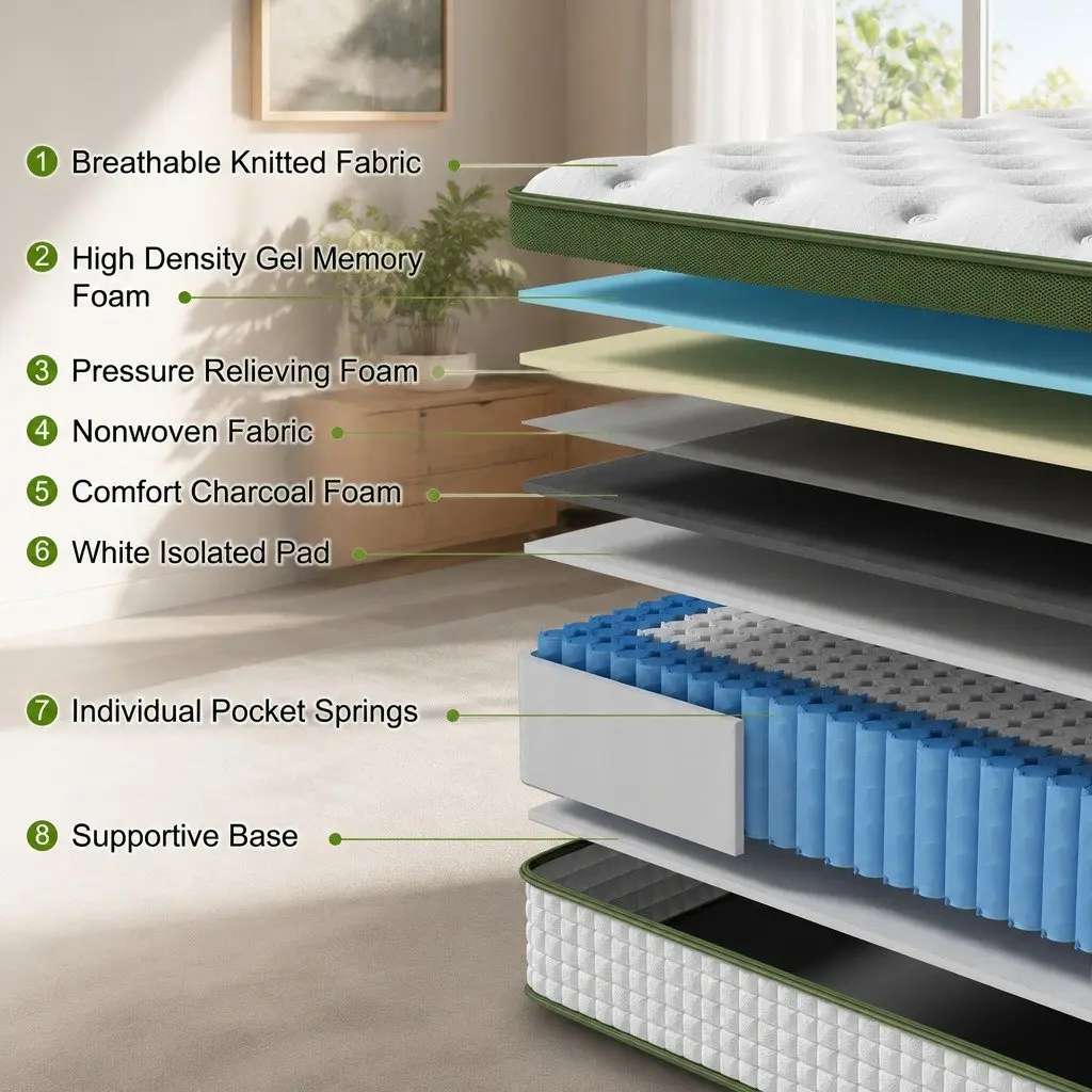 King Single Mattress Gel Memory Foam Pocket Coil 30cm Cooling Euro Top White