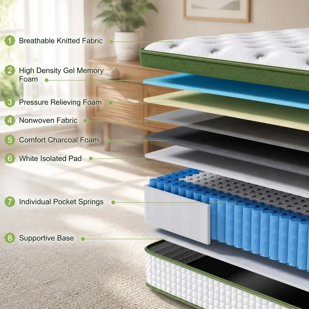 Queen Mattress Gel Infused Memory Foam Pocket Coil 30cm Medium Firm White