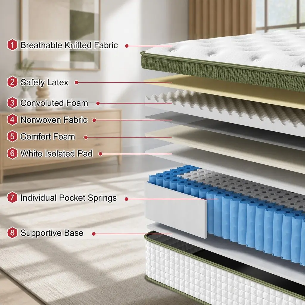 Single Latex Hybrid Mattress 34cm Medium Firm 5 Zone Pocket Spring Pressure