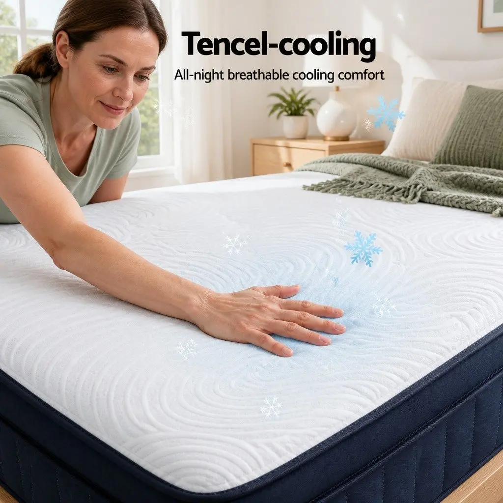 Queen Mattress Pocket Spring Hybrid 34cm Medium Firm Cooling White Black