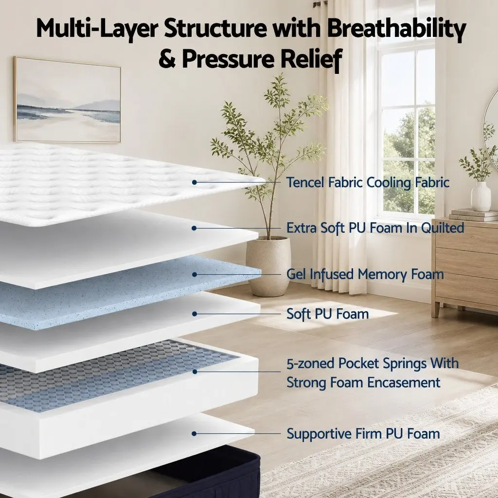 Queen Mattress Pocket Spring Hybrid 34cm Medium Firm Cooling White Black