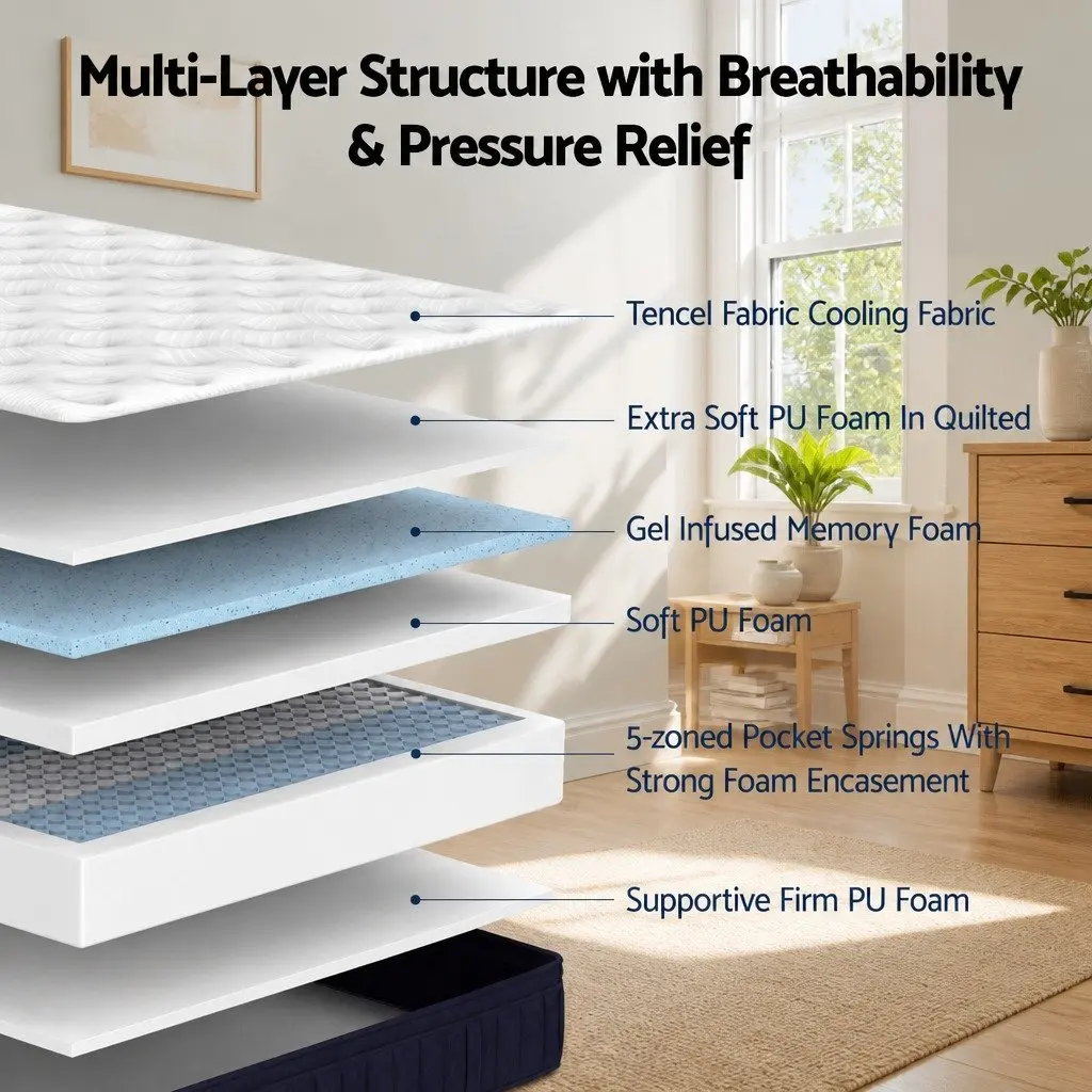 Single Mattress Hybrid Pocket Spring 34cm Medium Soft Gel Memory Foam Cooling
