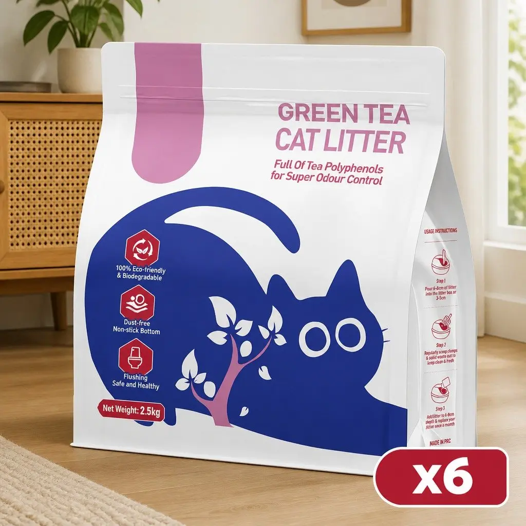 Clumping Cat Litter Plant-Based 15kg Purple 6 Pack Dust Free Natural Green Tea Odour Control