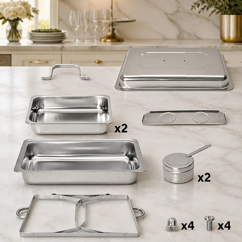 9L Chafing Dish Set Stainless Steel Food Warmer Bain Marie Buffet Server with Two 4.5L Pans and Foldable Frame for Catering and Home Use