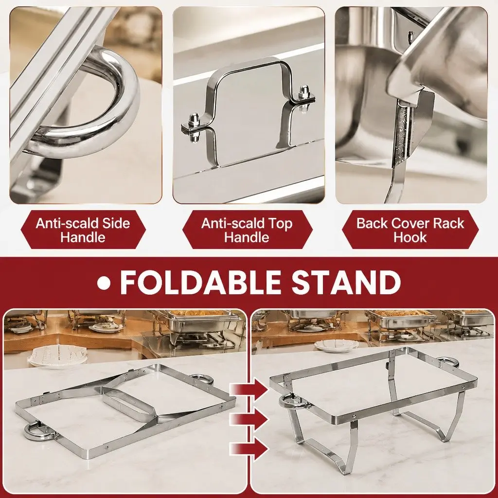 9L Chafing Dish Set Stainless Steel Food Warmer Bain Marie Buffet Server with Two 4.5L Pans and Foldable Frame for Catering and Home Use