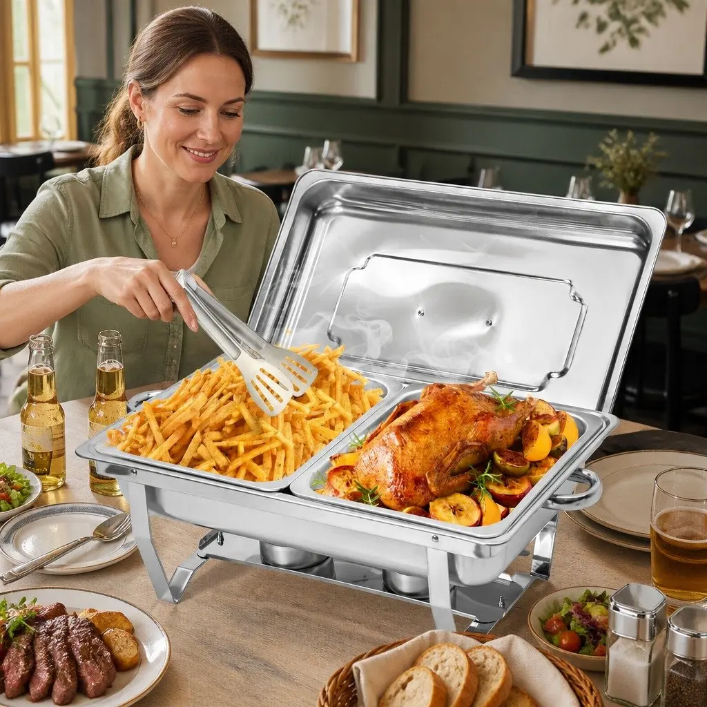 9L Chafing Dish Set Stainless Steel Food Warmer Bain Marie Buffet Server with Two 4.5L Pans and Foldable Frame for Catering and Home Use