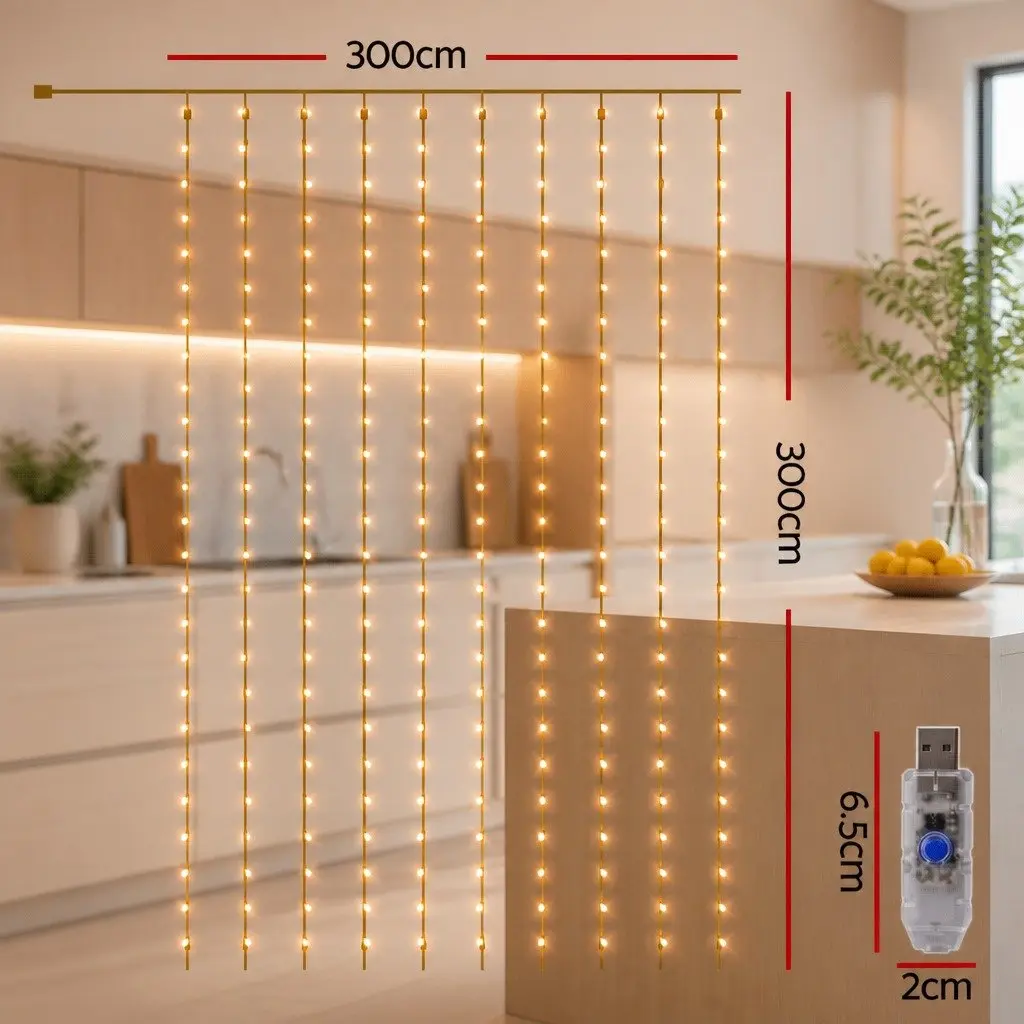 3X3M Curtain String Lights 300 LED Warm White Indoor Outdoor Christmas