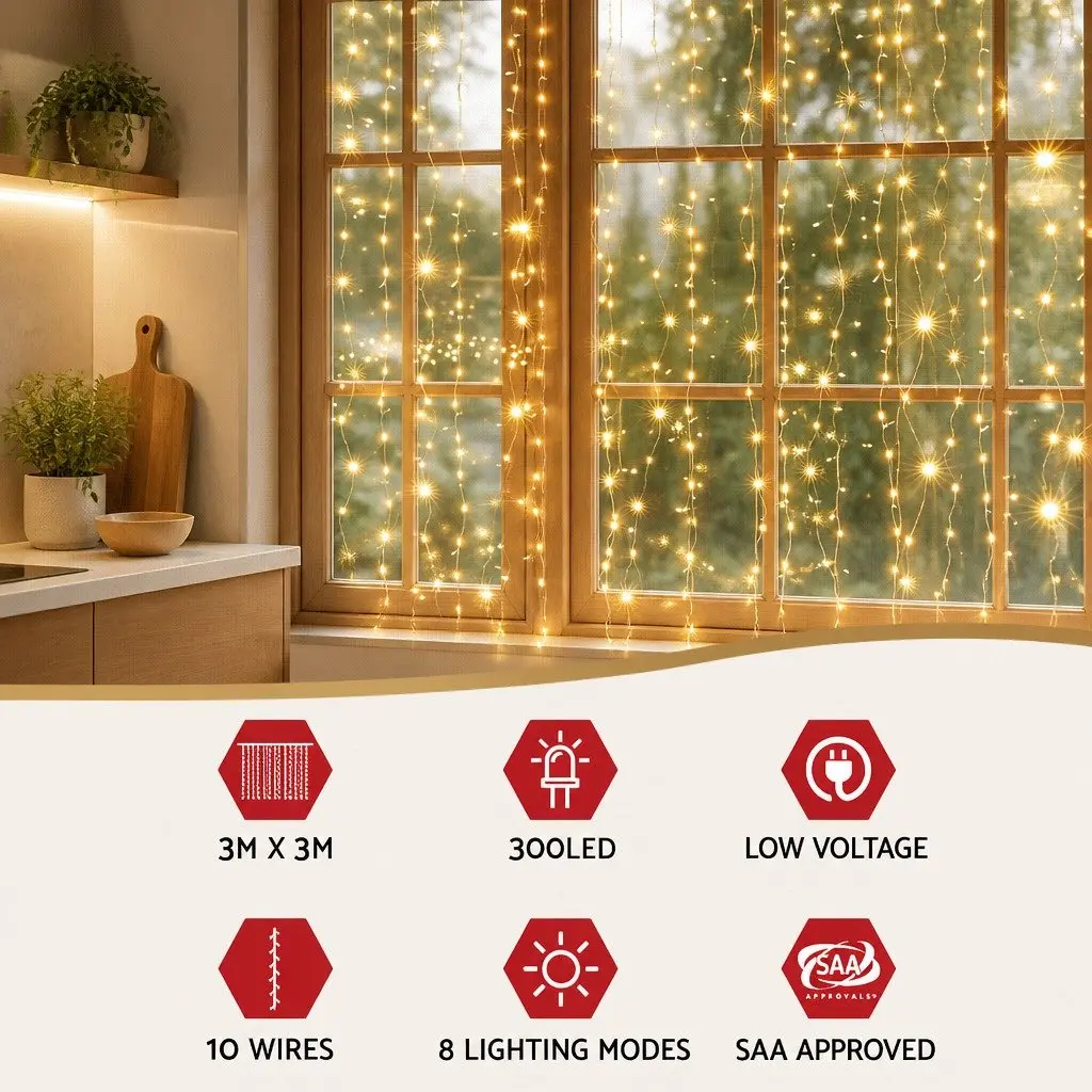 3X3M Curtain String Lights 300 LED Warm White Indoor Outdoor Christmas