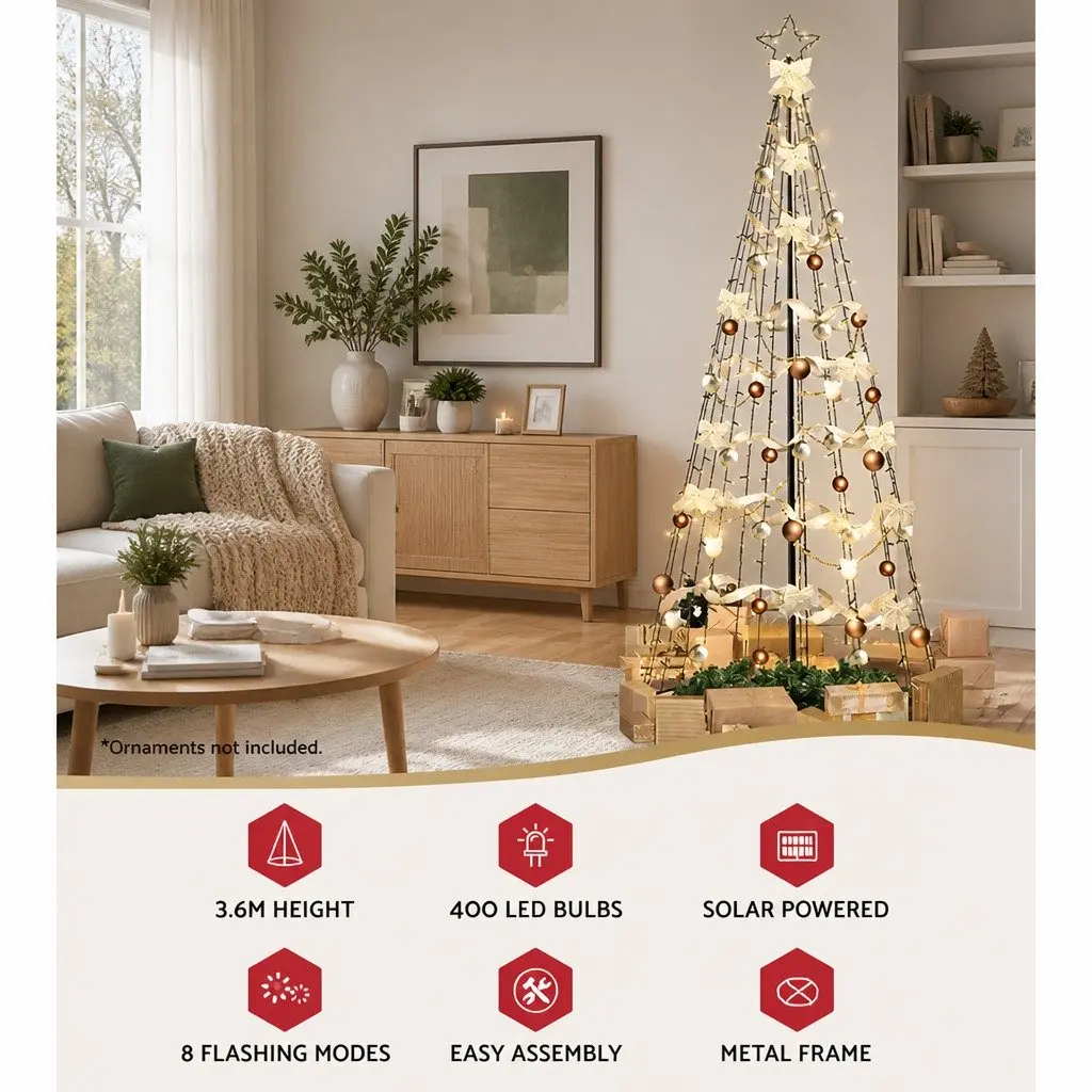 Solar LED Christmas Tree 3.6M Black Outdoor Indoor Decoration with 400 Lights