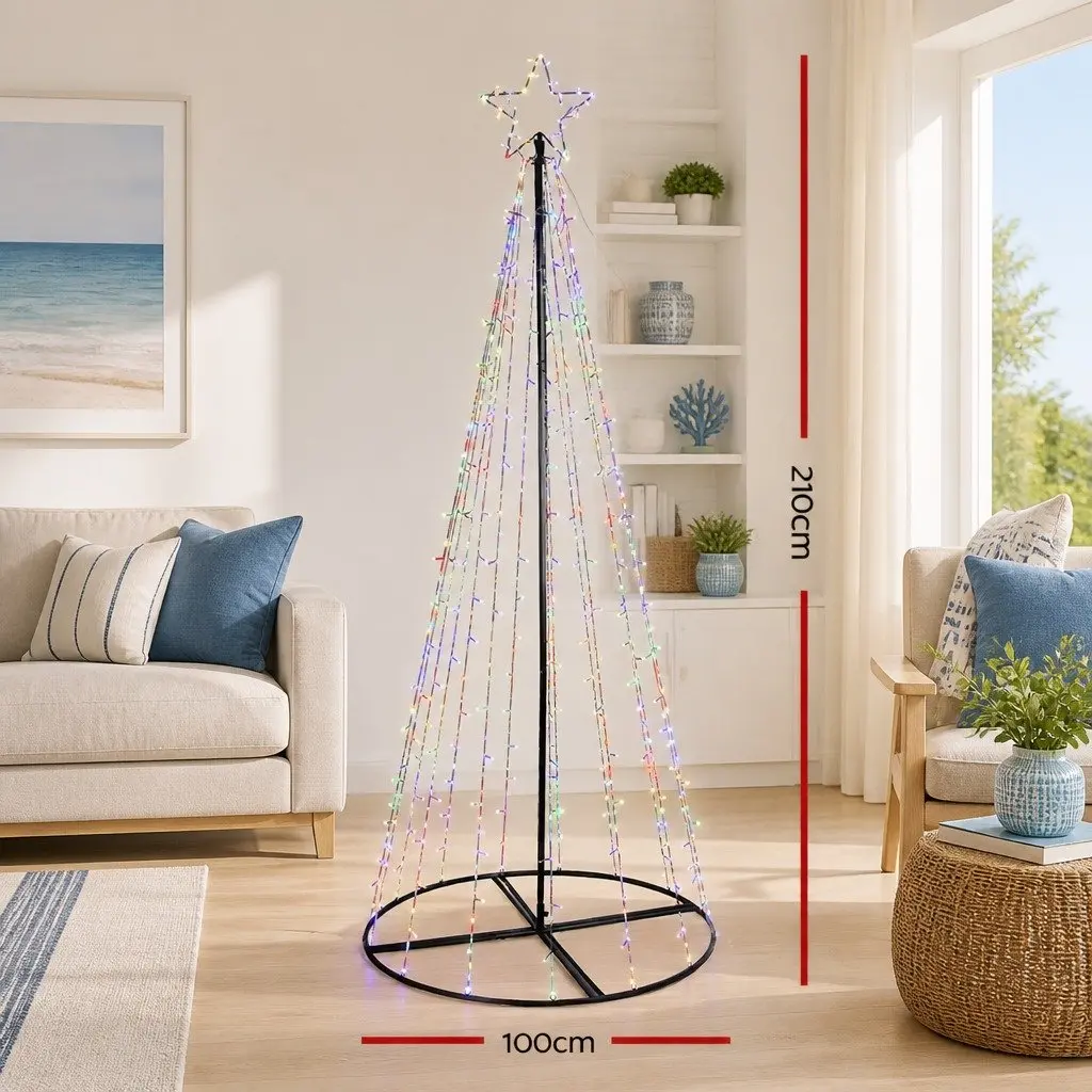 Solar LED Christmas Tree 2.1M Multi Colour Powder Coated Steel Indoor Outdoor Decoration