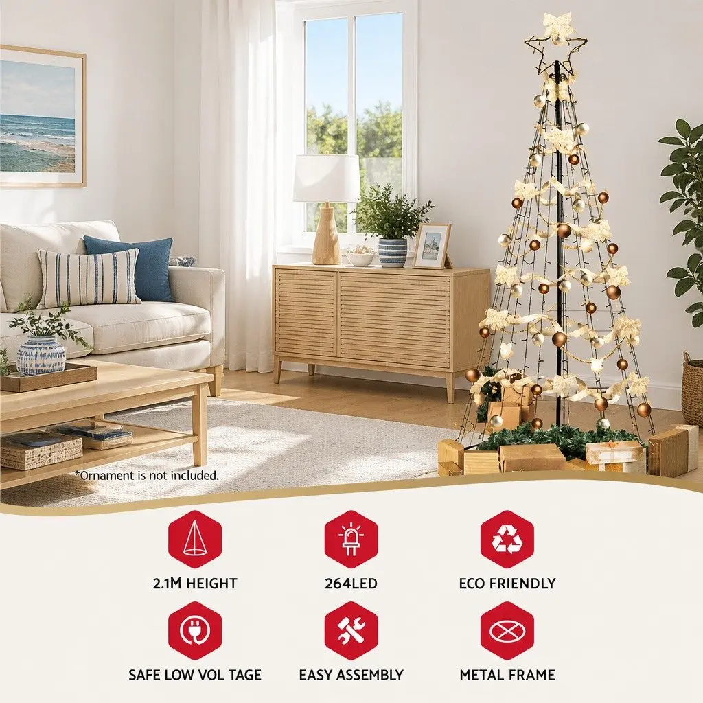 Solar LED Christmas Tree 2.1M Multi Colour Powder Coated Steel Indoor Outdoor Decoration