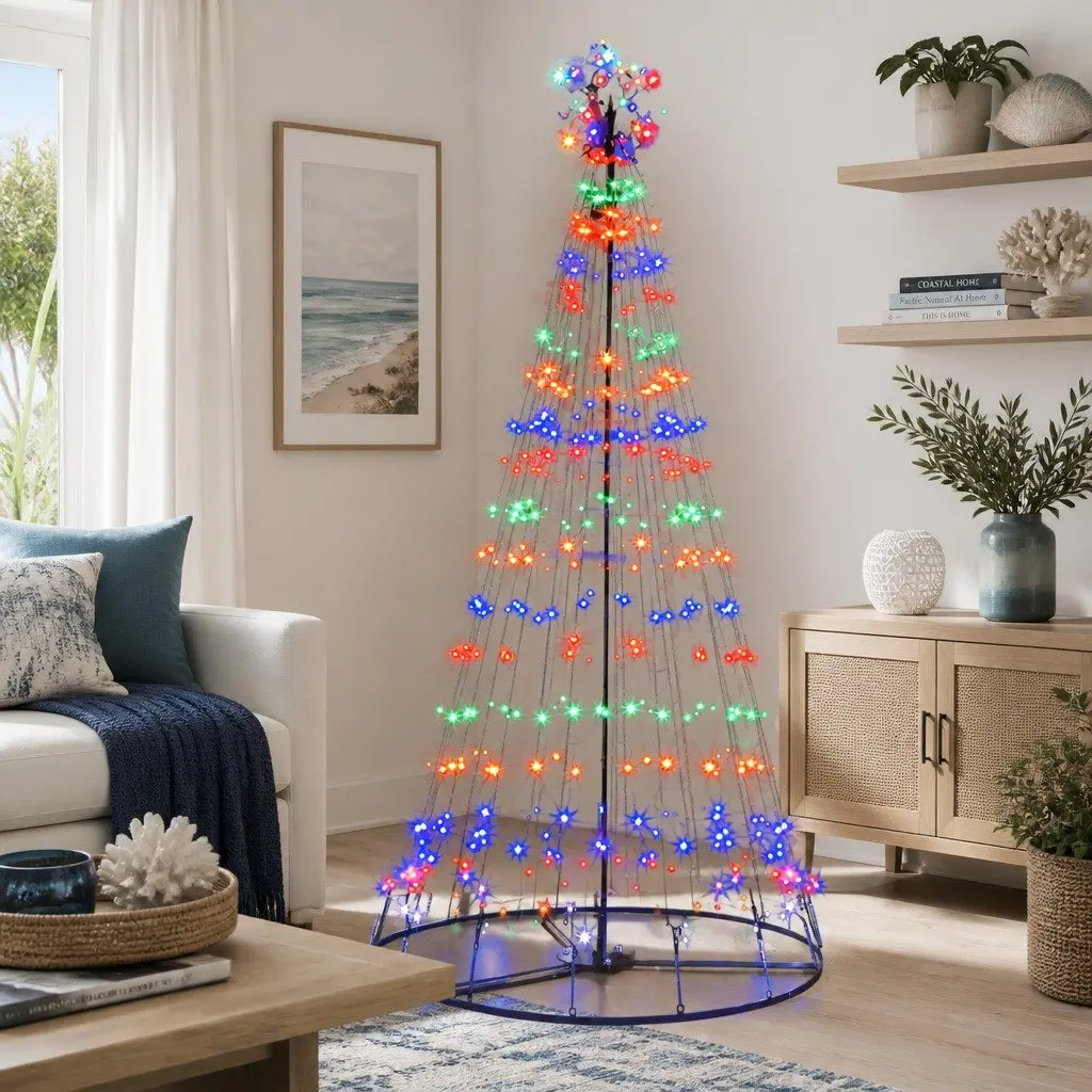 Solar LED Christmas Tree 2.1M Multi Colour Powder Coated Steel Indoor Outdoor Decoration