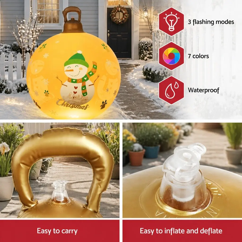 Christmas Inflatable Ball 60cm PVC Gold LED Illuminated Outdoor Decoration