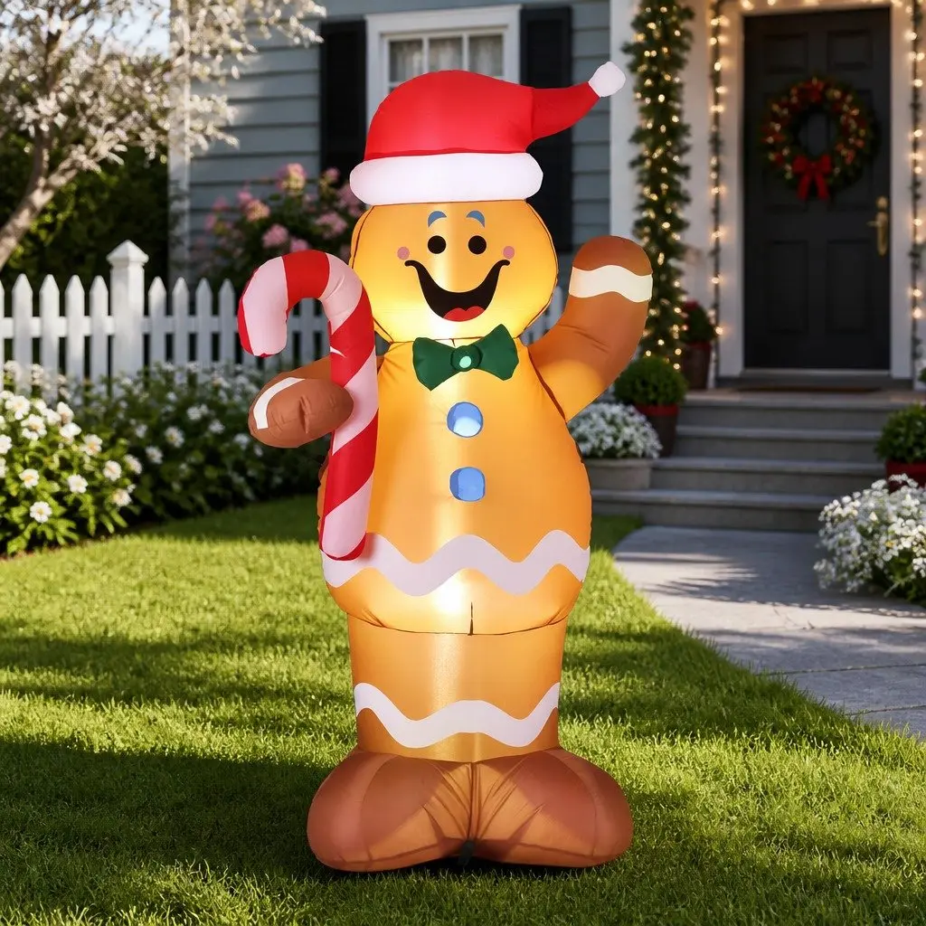 Inflatable Gingerbread Man Christmas Decoration 1.5M Multicolour Polyester LED Lights Indoor Outdoor Use
