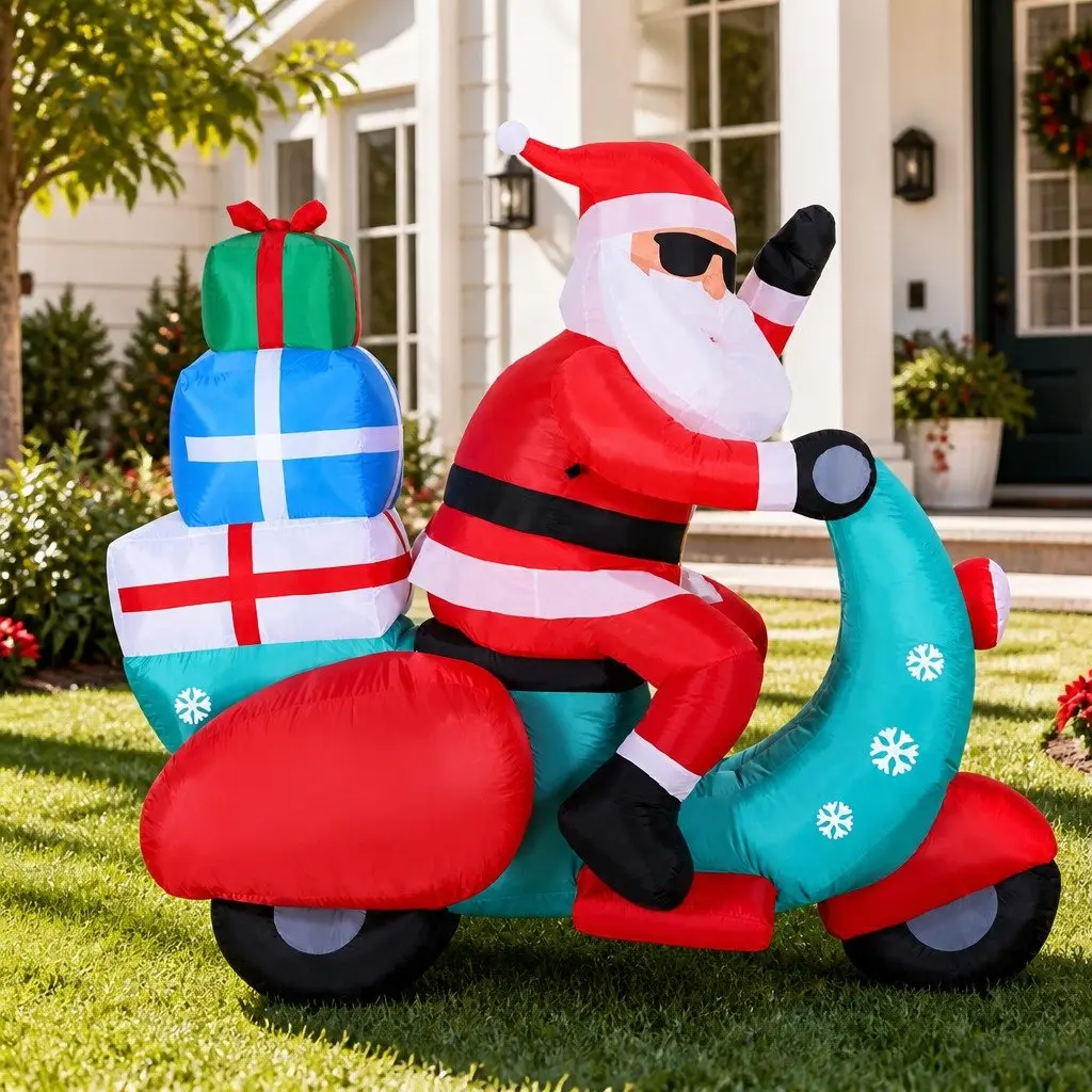Christmas Inflatable Decoration LED Santa on Motorbike 1.8m Outdoor Use