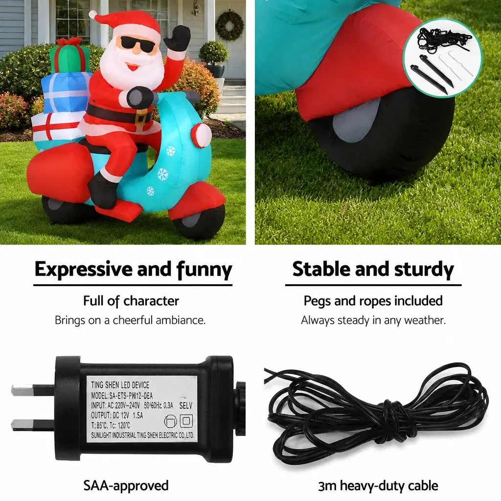 Christmas Inflatable Decoration LED Santa on Motorbike 1.8m Outdoor Use