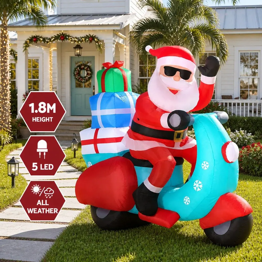 Christmas Inflatable Decoration LED Santa on Motorbike 1.8m Outdoor Use