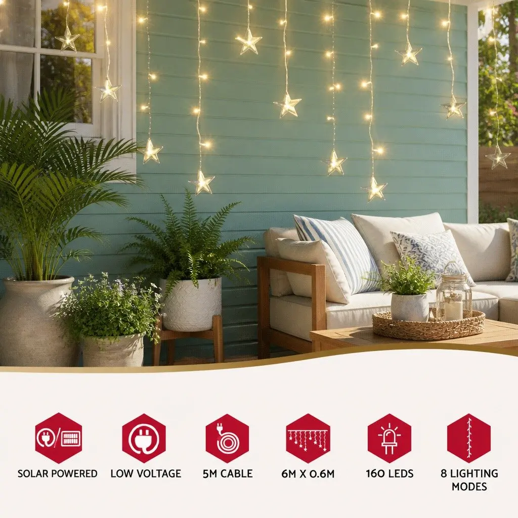 Icicle Christmas Lights Warm White LED 6M Outdoor Decoration with 160 Bulbs and 8 Lighting Modes