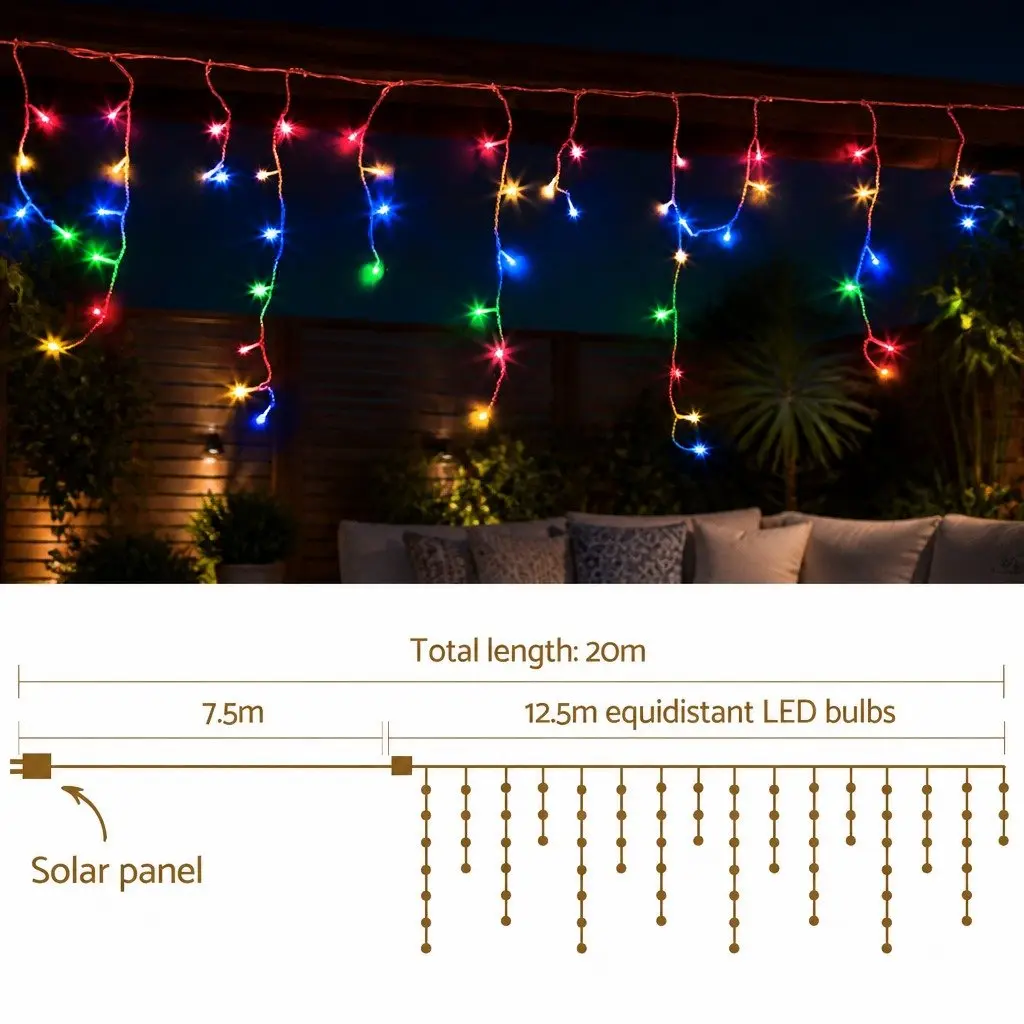 Solar Icicle String Lights 12.5M Multicoloured 100 Drops Outdoor Christmas