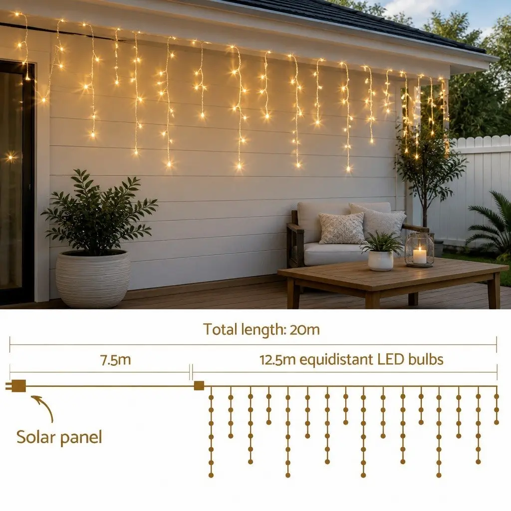 Solar Powered Icicle Lights 12.5M Warm White LED 100 Drops Outdoor Christmas Decoration