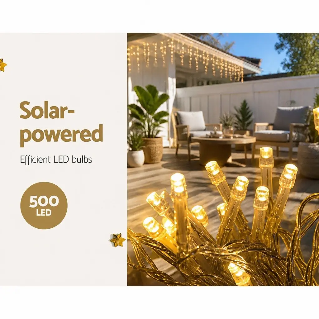 Solar Powered Icicle Lights 12.5M Warm White LED 100 Drops Outdoor Christmas Decoration