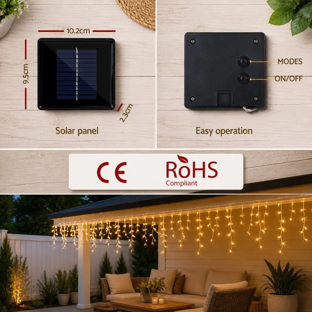 Solar Powered Icicle Lights 12.5M Warm White LED 100 Drops Outdoor Christmas Decoration
