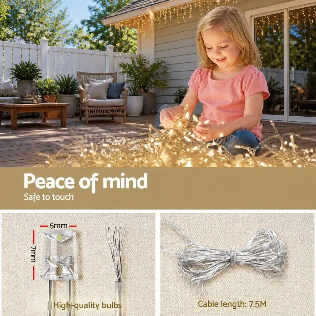 Solar Powered Icicle Lights 12.5M Warm White LED 100 Drops Outdoor Christmas Decoration