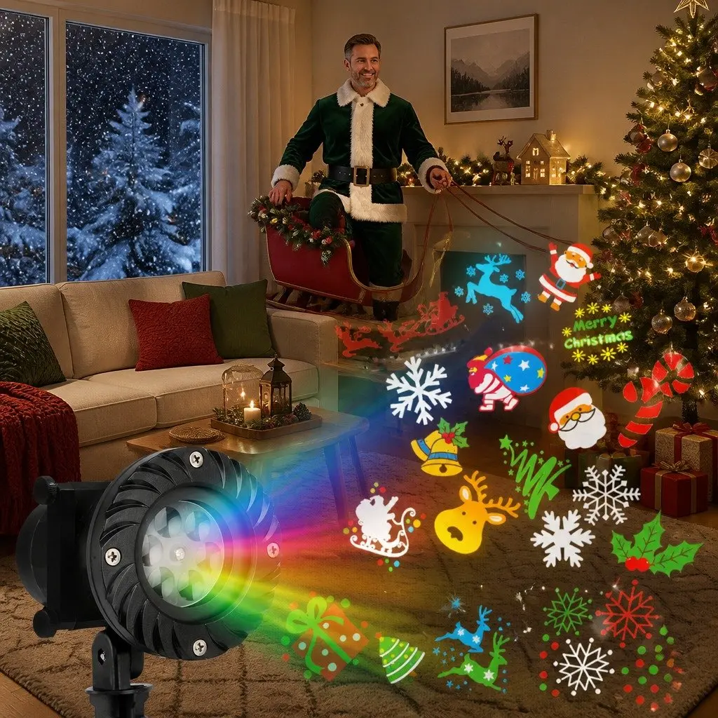 Multicoloured Laser Projector for Christmas Outdoor Use 12 Festive Designs Waterproof Adjustable Angle