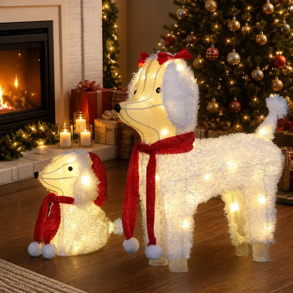 Christmas Dog Decorations 3D Steel Frame Multicolour 60 LED Lights Set Outdoor Garden Display