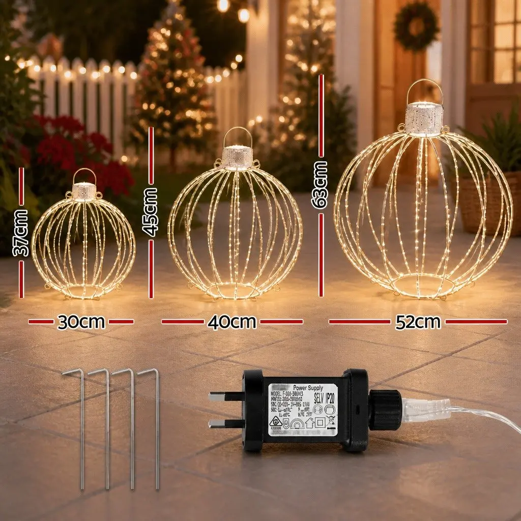 Christmas Light Set 320 LED Warm White Lights 3 Ball Decorations Steel Frame 52cm Gold