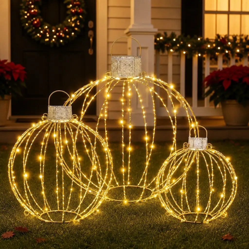 Christmas Light Set 320 LED Warm White Lights 3 Ball Decorations Steel Frame 52cm Gold
