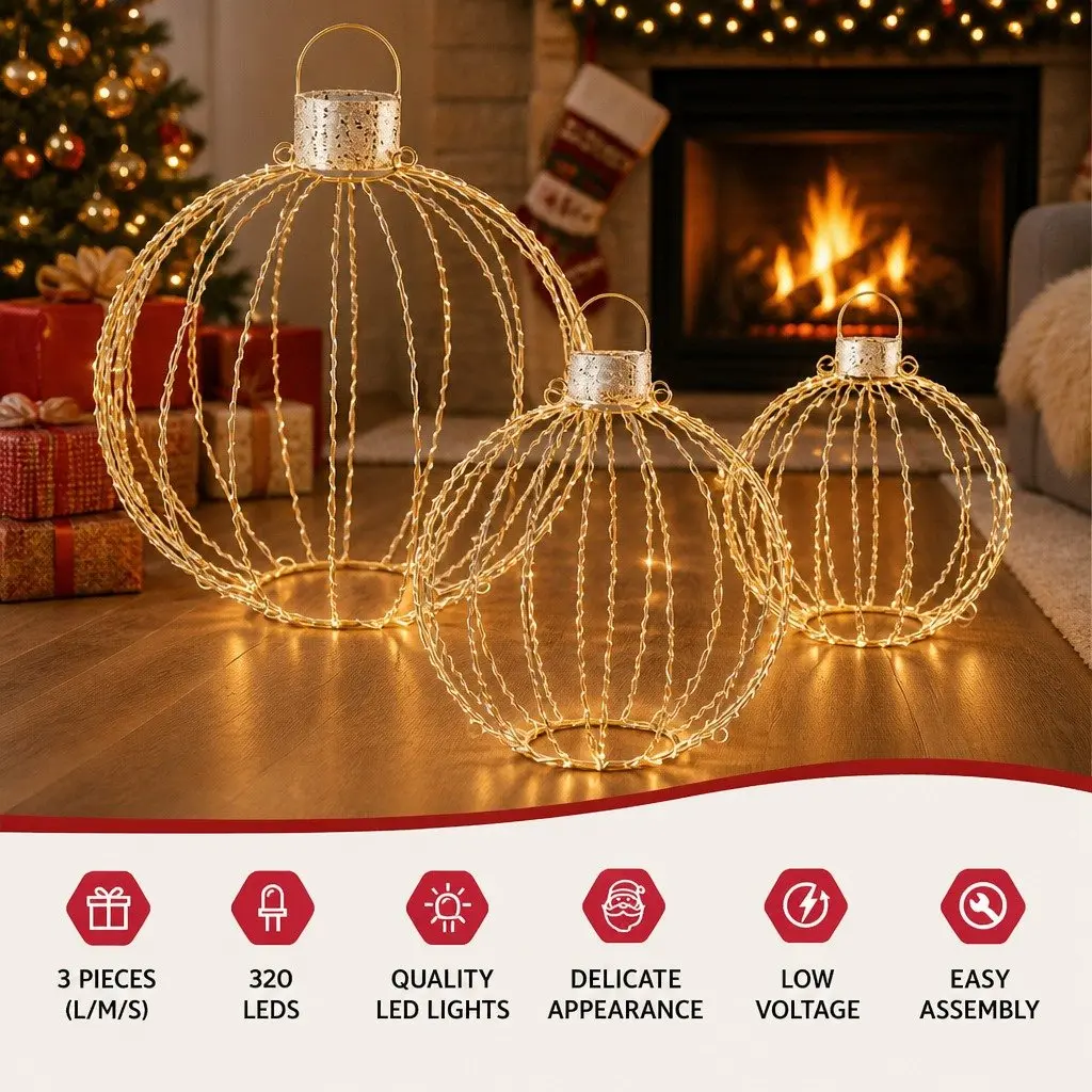 Christmas Light Set 320 LED Warm White Lights 3 Ball Decorations Steel Frame 52cm Gold