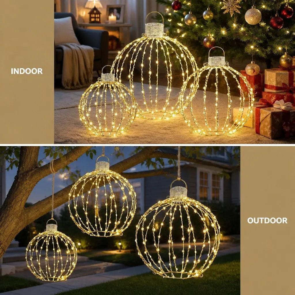 Christmas Light Set 320 LED Warm White Lights 3 Ball Decorations Steel Frame 52cm Gold
