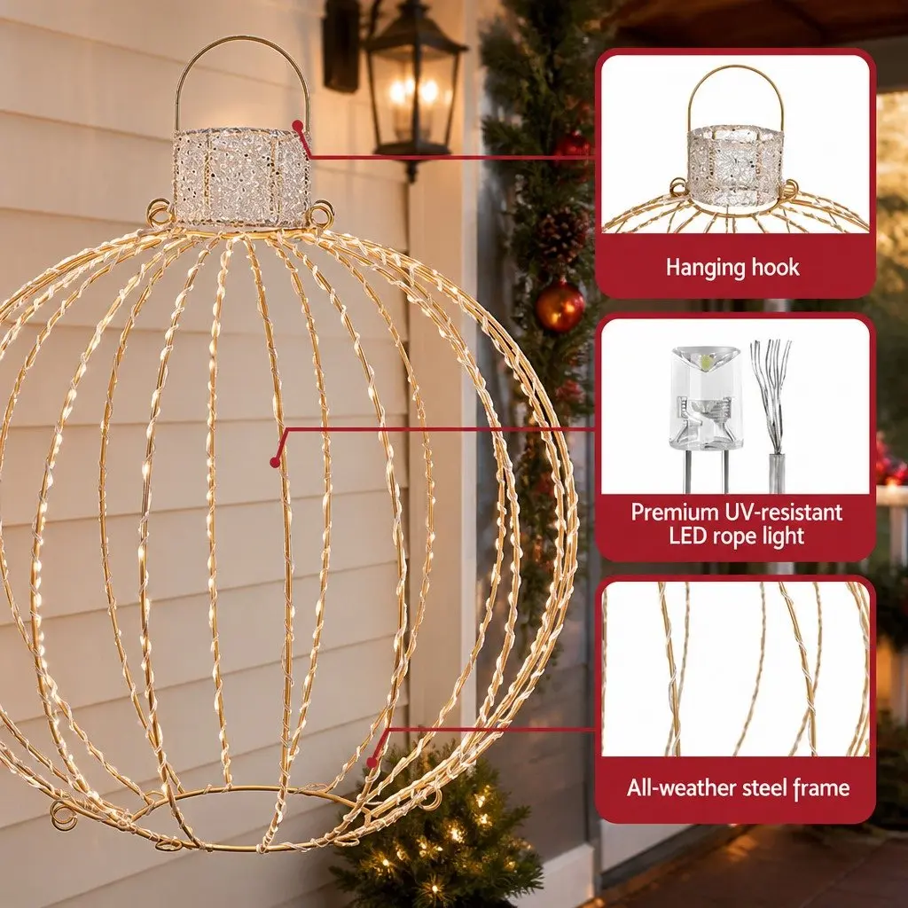 Christmas Light Set 320 LED Warm White Lights 3 Ball Decorations Steel Frame 52cm Gold