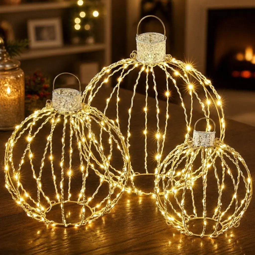 Christmas Light Set 320 LED Warm White Lights 3 Ball Decorations Steel Frame 52cm Gold