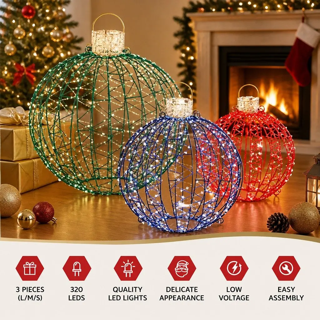 Christmas Light Set RGB LED 320 Bulbs 3D Ball Decorations Large Medium Small Multicolour Indoor Outdoor