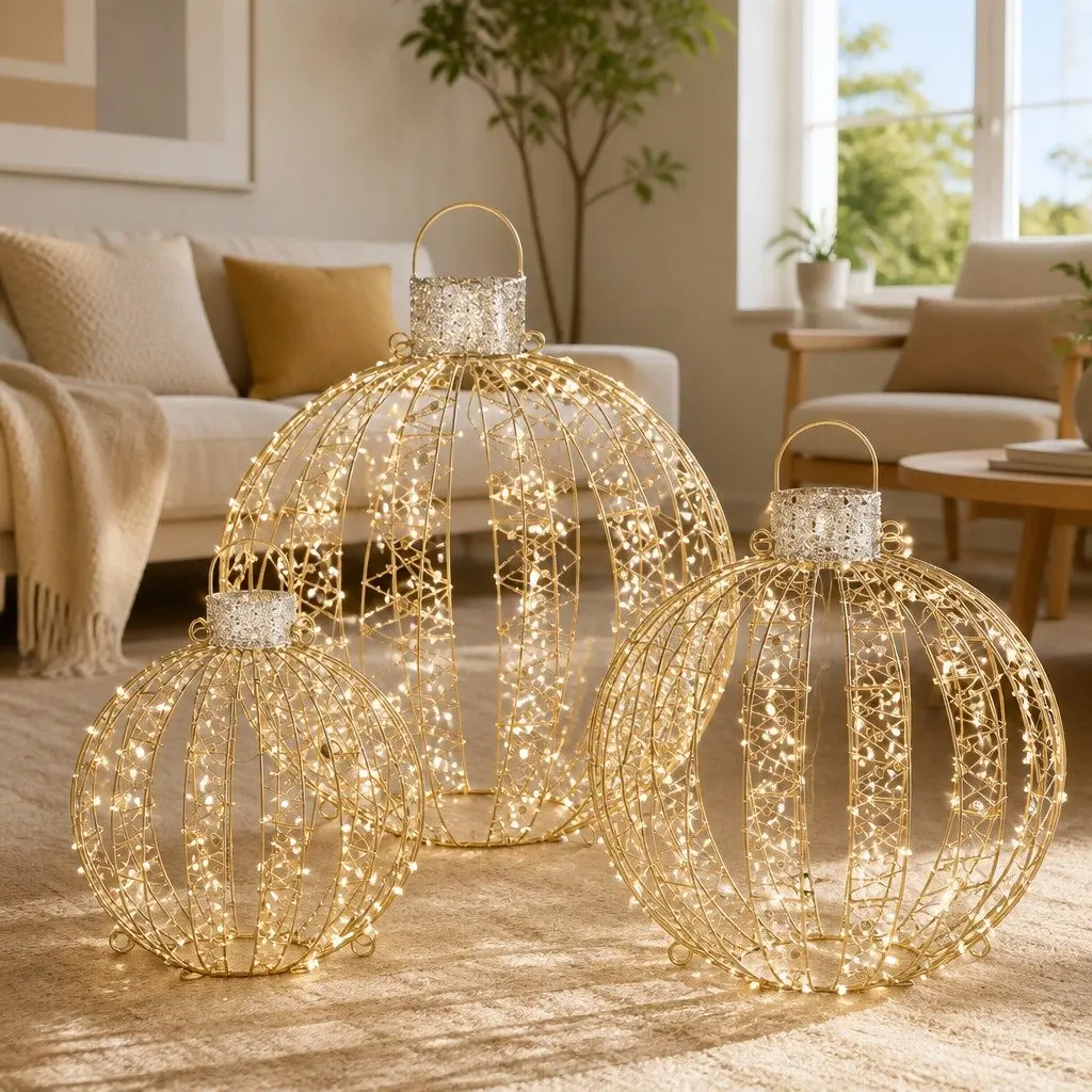 Christmas Lights 360 LED Light Ball Outdoor Indoor Decorations 3 Piece Warm White Steel Frame Waterproof