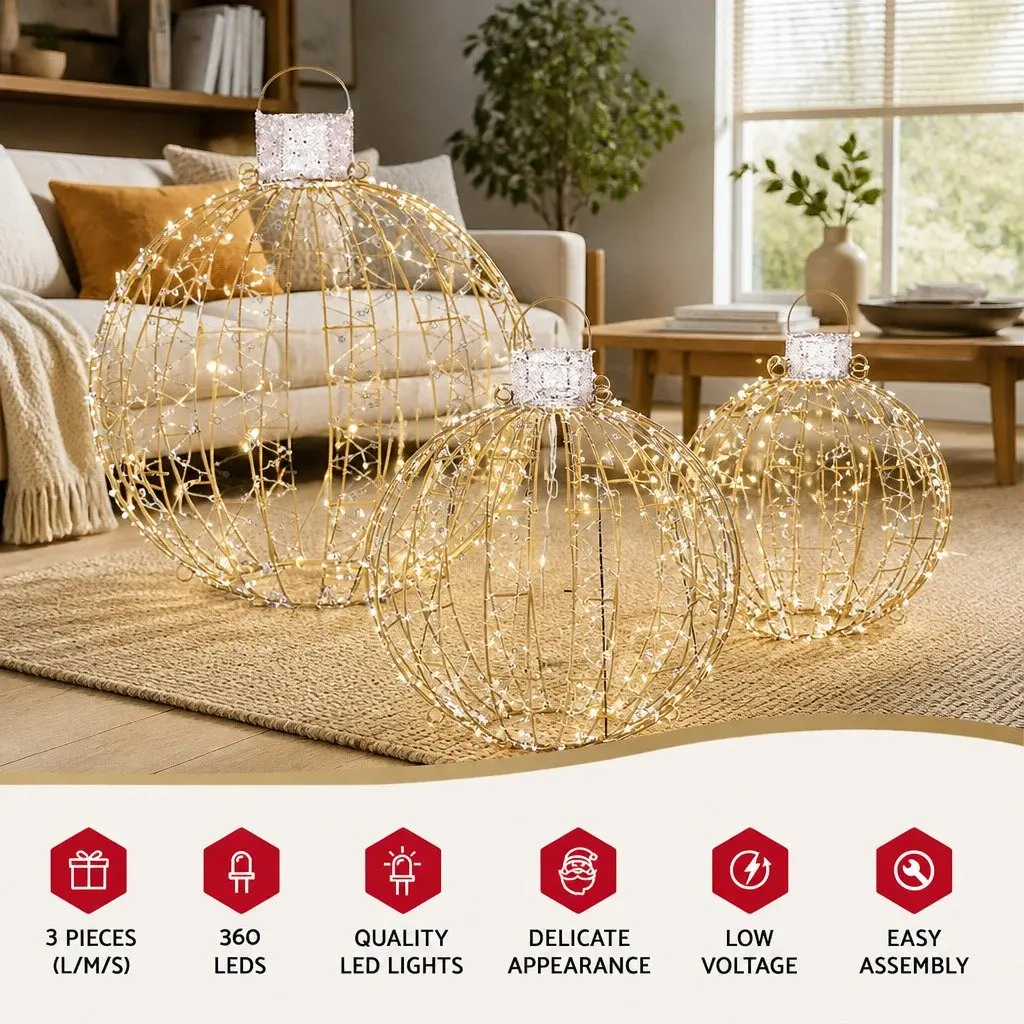 Christmas Lights 360 LED Light Ball Outdoor Indoor Decorations 3 Piece Warm White Steel Frame Waterproof