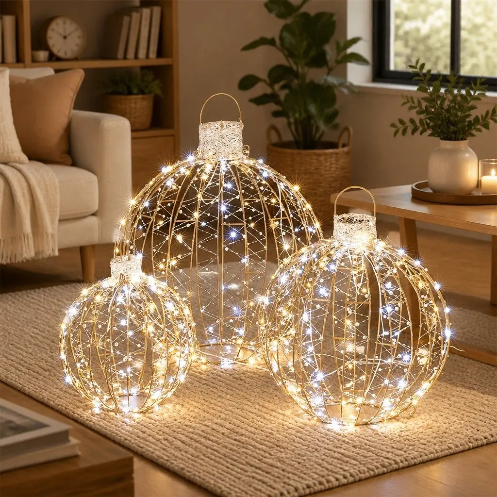 Christmas Lights 360 LED Light Ball Outdoor Indoor Decorations 3 Piece Warm White Steel Frame Waterproof