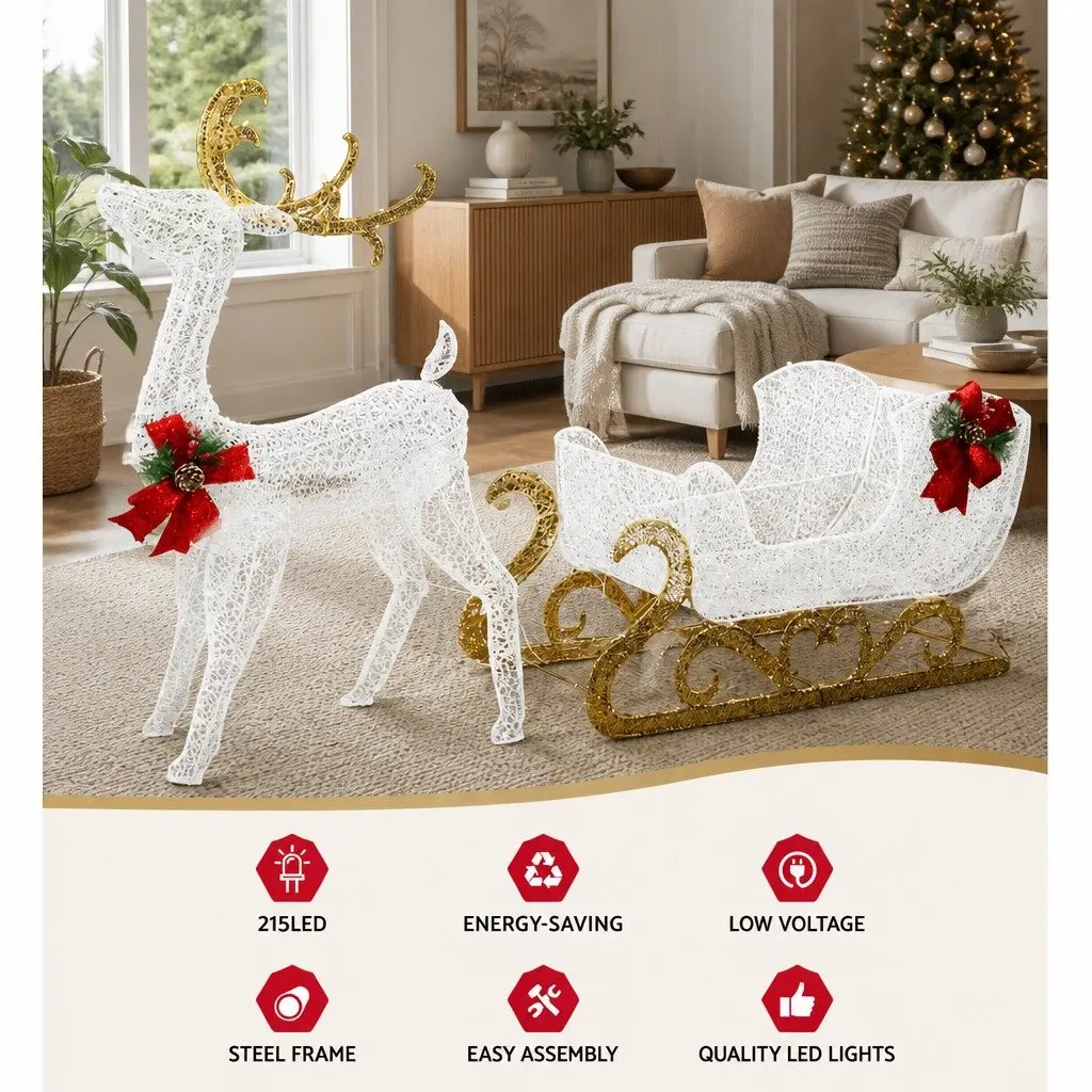LED Christmas Lights Outdoor 3D Reindeer Sleigh Decoration Warm-White Multi-Color 165cm x 49cm x 120cm