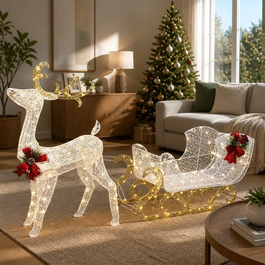 LED Christmas Lights Outdoor 3D Reindeer Sleigh Decoration Warm-White Multi-Color 165cm x 49cm x 120cm