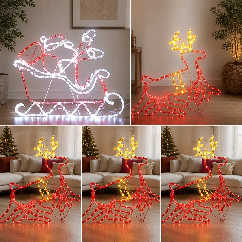 Christmas Lights Reindeer Sleigh LED Outdoor Indoor Decorations 806 Bulbs Multi-coloured 71cm x 69cm 85cm x 77cm Steel Frame