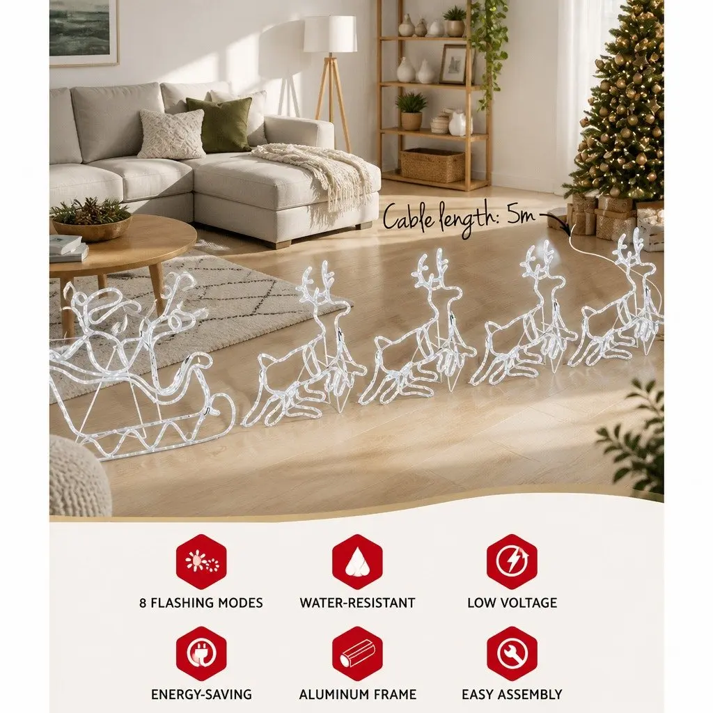 Christmas Lights Reindeer Sleigh LED Outdoor Indoor Decorations 806 Bulbs Multi-coloured 71cm x 69cm 85cm x 77cm Steel Frame