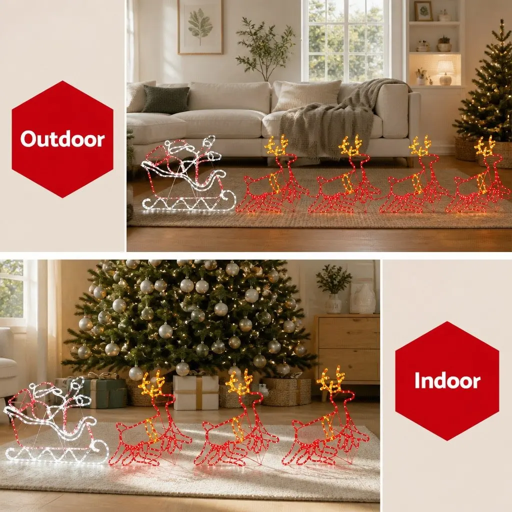 Christmas Lights Reindeer Sleigh LED Outdoor Indoor Decorations 806 Bulbs Multi-coloured 71cm x 69cm 85cm x 77cm Steel Frame