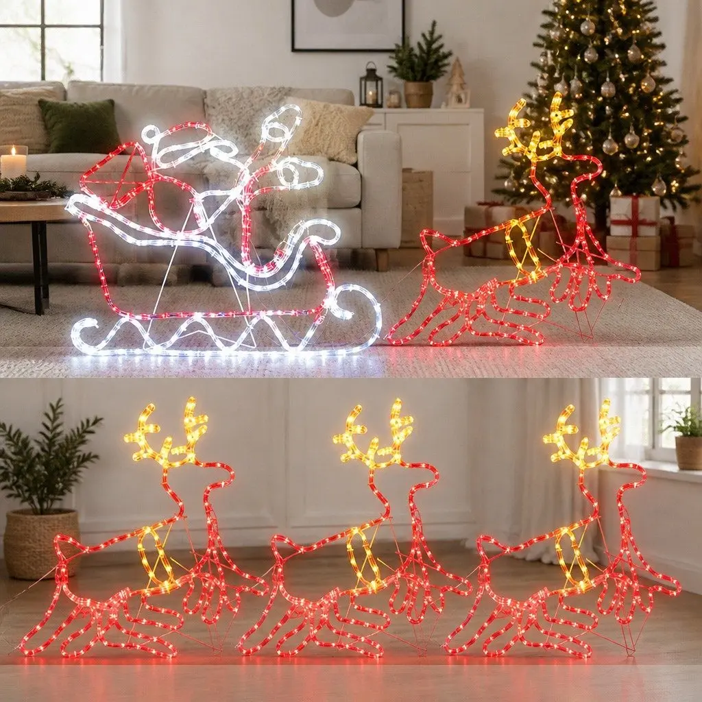 Christmas Lights Reindeer Sleigh LED Outdoor Indoor Decorations 806 Bulbs Multi-coloured 71cm x 69cm 85cm x 77cm Steel Frame