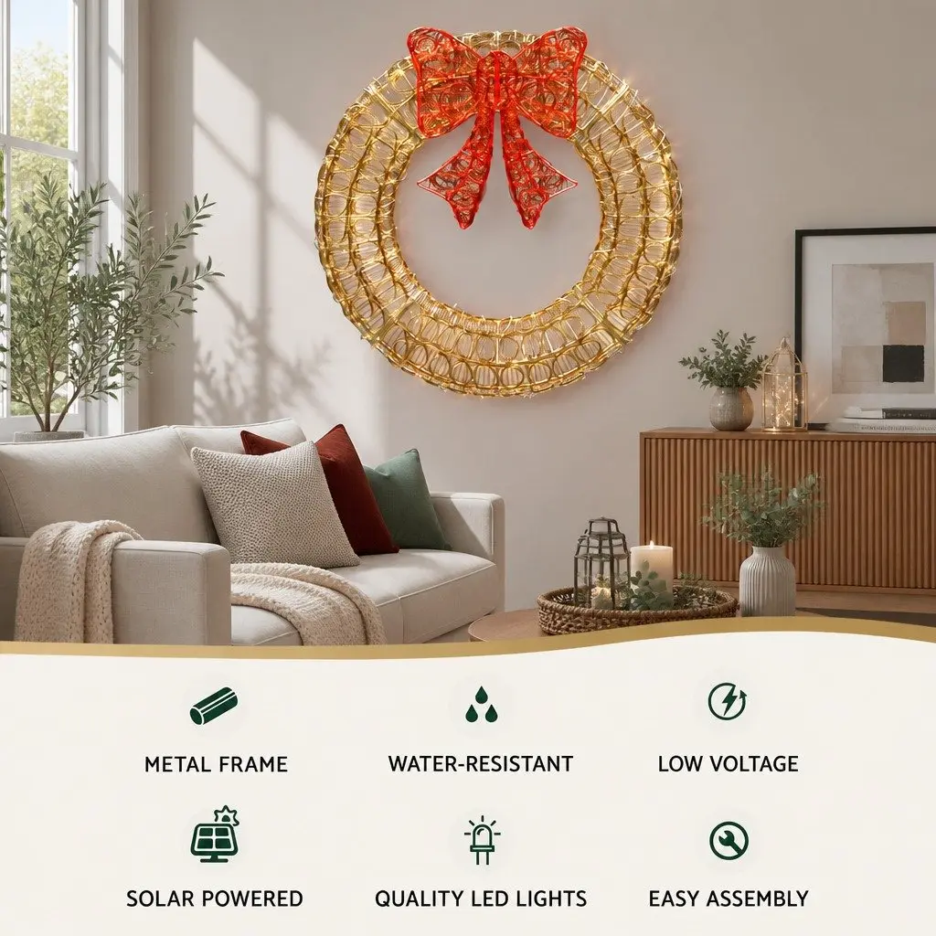 Solar LED Christmas Wreath 0.6M Warm White Lights Outdoor Decoration
