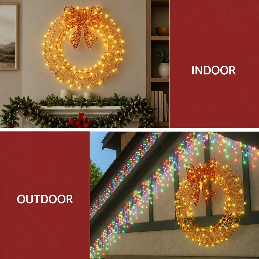 Solar LED Christmas Wreath 0.6M Warm White Lights Outdoor Decoration