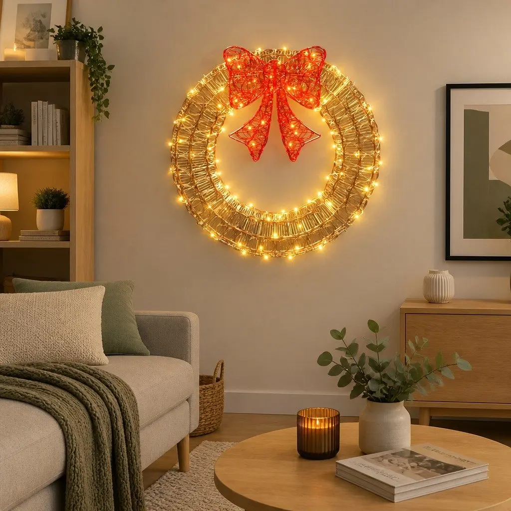 Solar LED Christmas Wreath 0.6M Warm White Lights Outdoor Decoration